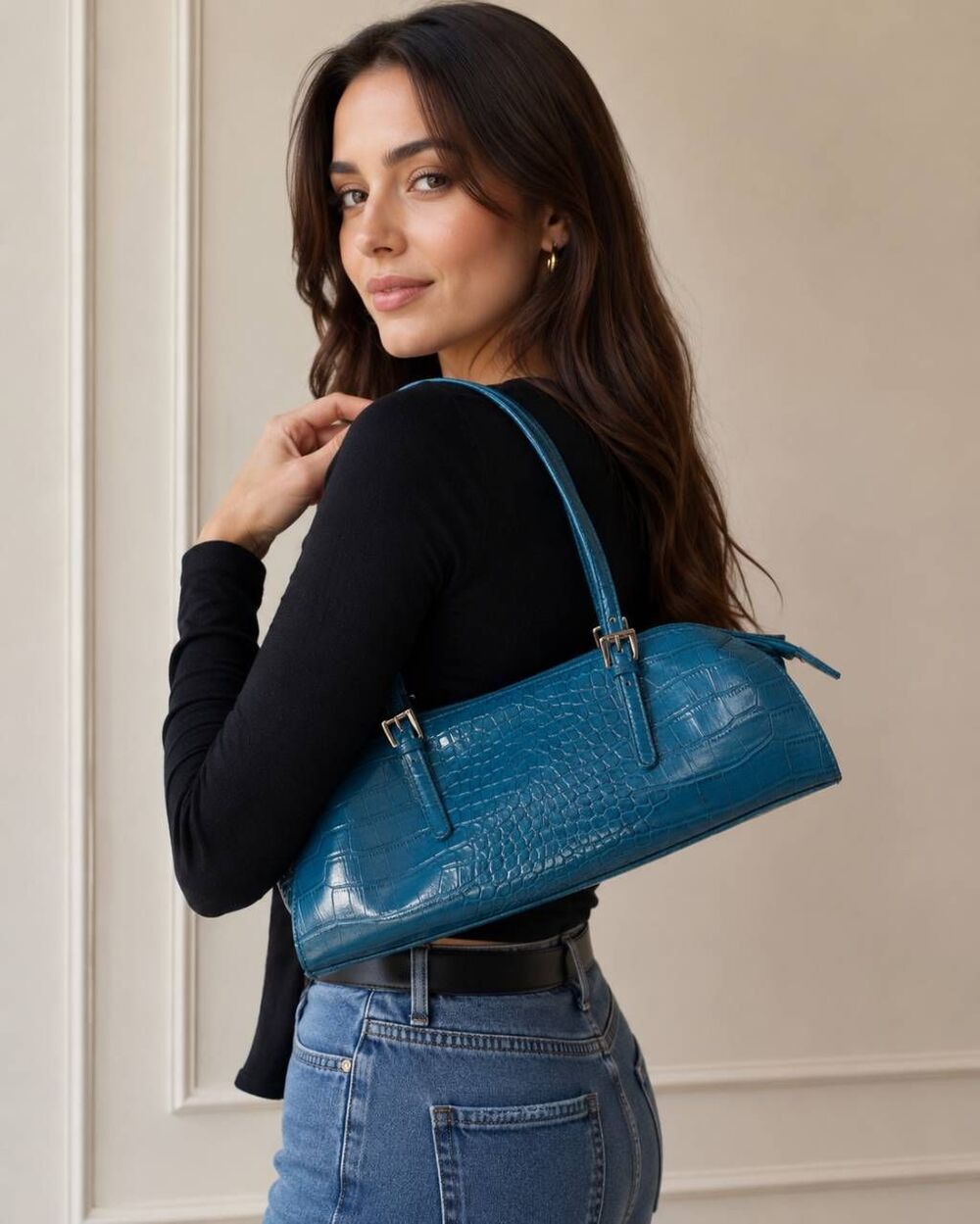 Bisou Bisou Michele Bohbot Teal Croc Embossed Shoulder Bag Y2K Baguette Purse
